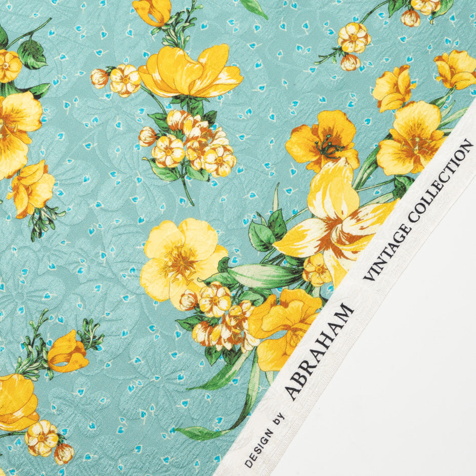 Yellow Floral Printed Teal Silk Cloqué