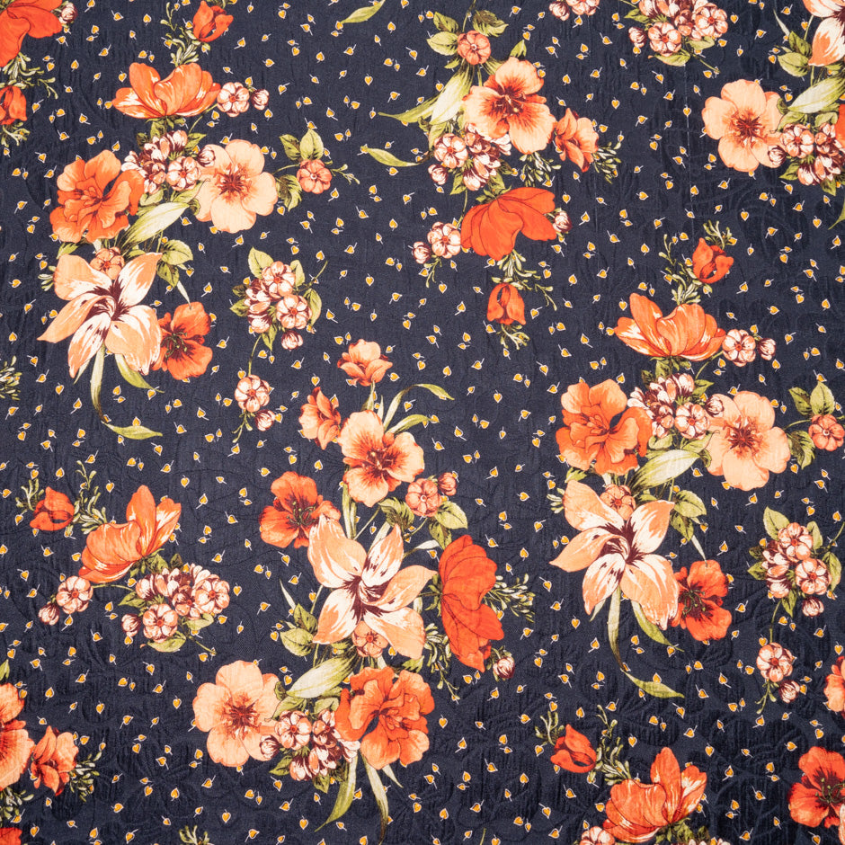 Orange Floral Printed Midnight Blue Silk Cloqué