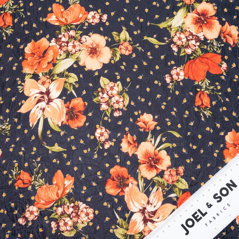 Orange Floral Printed Midnight Blue Silk Cloqué