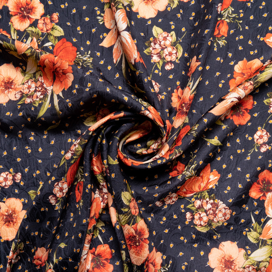 Orange Floral Printed Midnight Blue Silk Cloqué