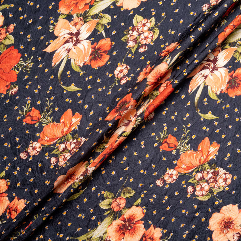 Orange Floral Printed Midnight Blue Silk Cloqué