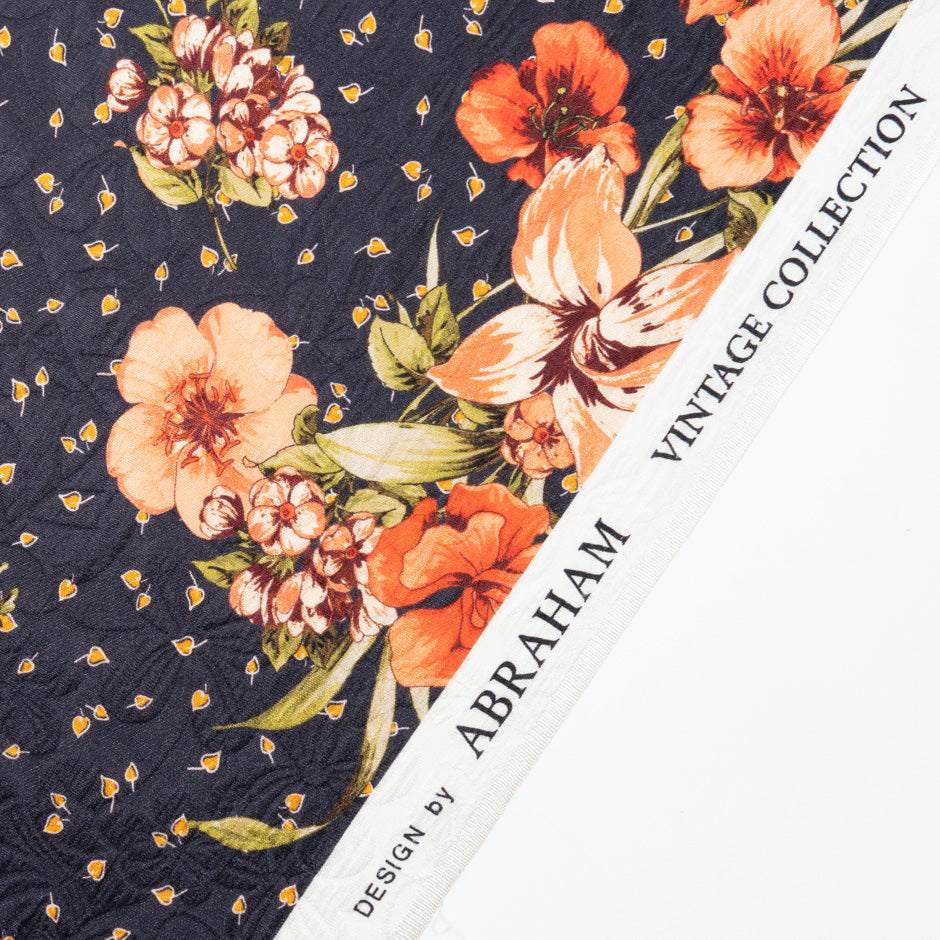 Orange Floral Printed Midnight Blue Silk Cloqué