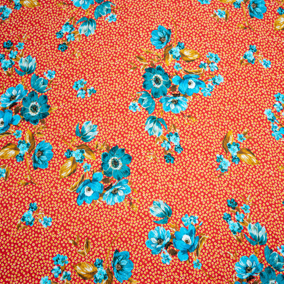 Turquoise Floral Printed Bright Red Silk Cloqué