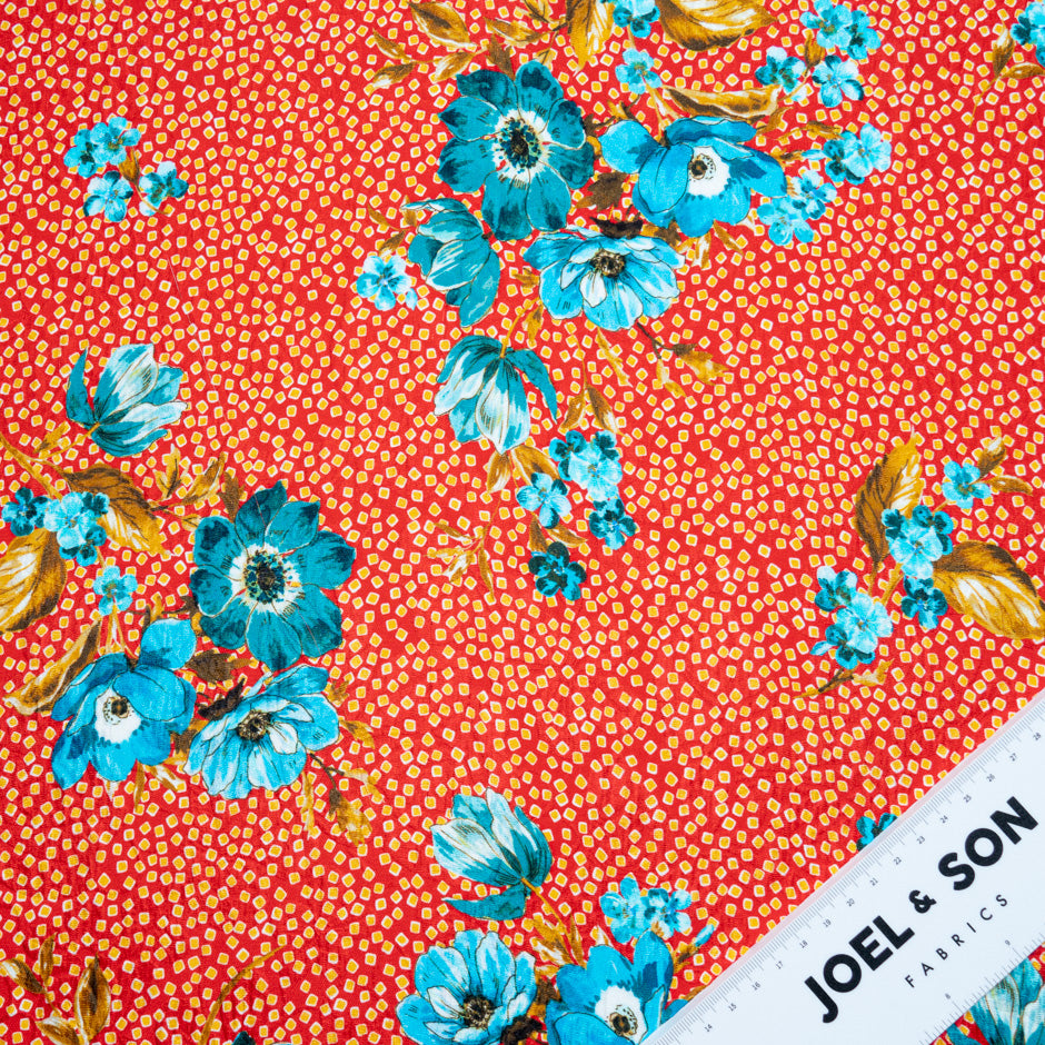 Turquoise Floral Printed Bright Red Silk Cloqué