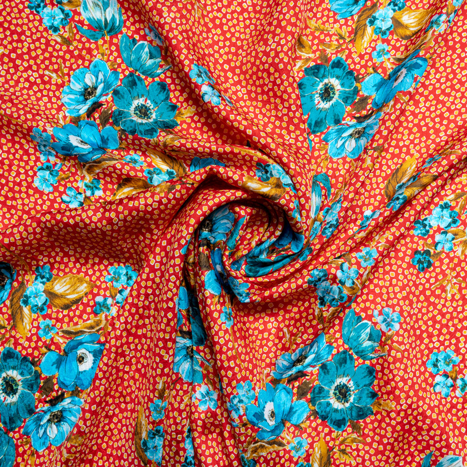 Turquoise Floral Printed Bright Red Silk Cloqué