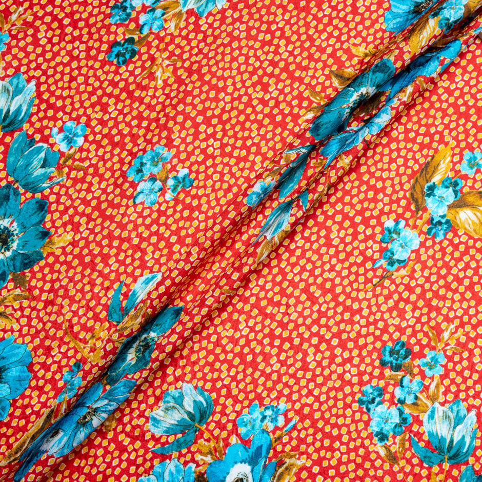 Turquoise Floral Printed Bright Red Silk Cloqué