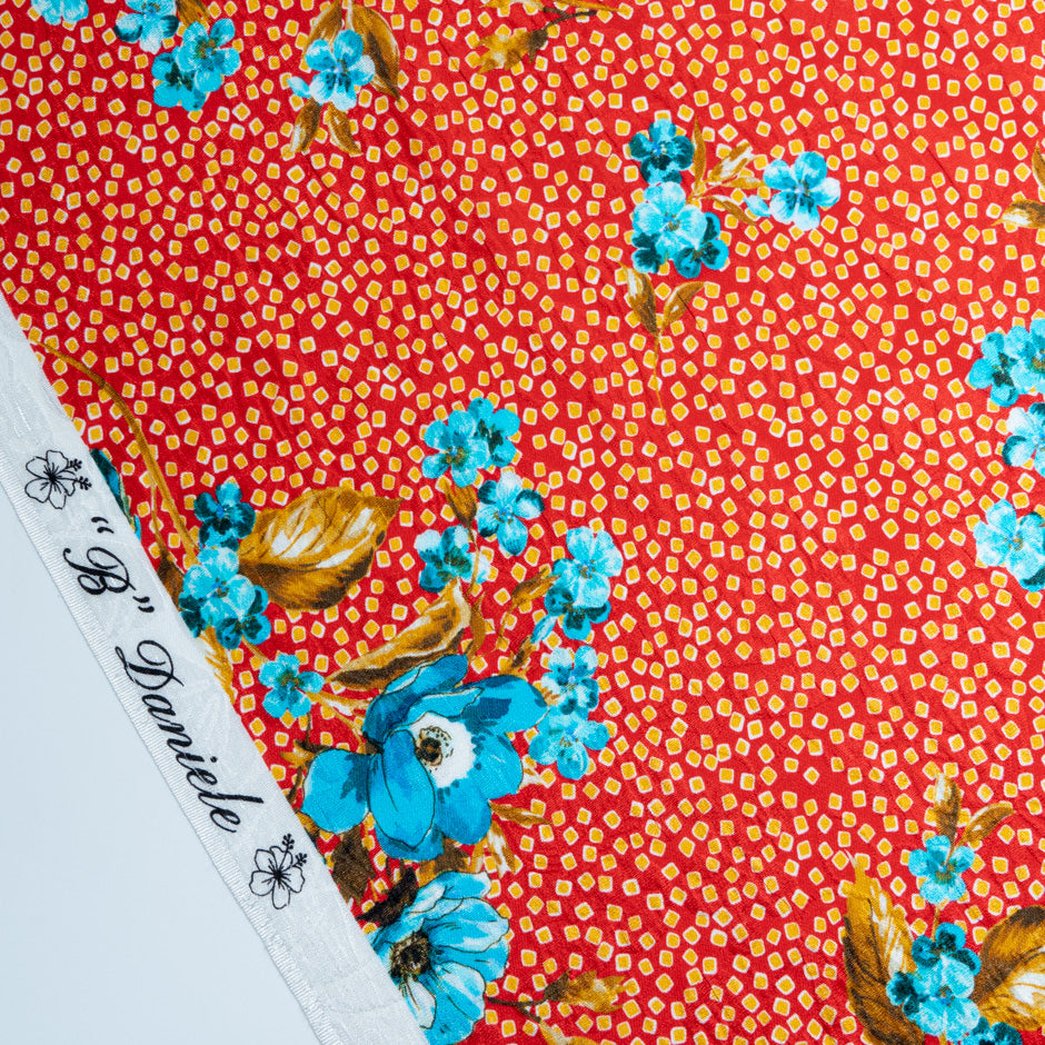 Turquoise Floral Printed Bright Red Silk Cloqué