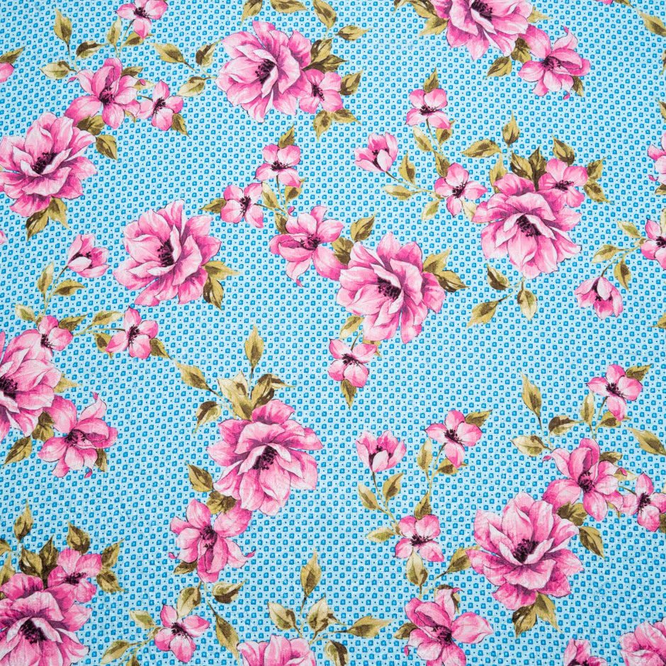 Pink Floral Printed Blue Silk Cloqué