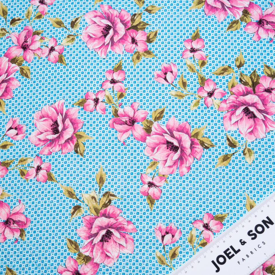 Pink Floral Printed Blue Silk Cloqué