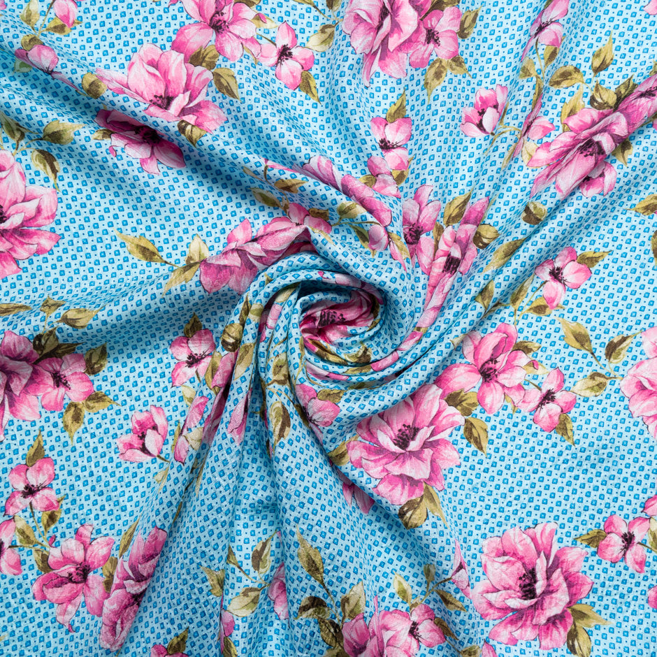 Pink Floral Printed Blue Silk Cloqué