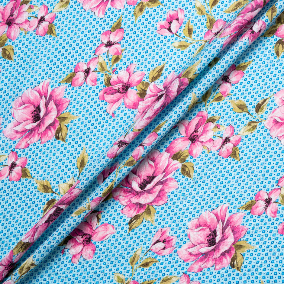 Pink Floral Printed Blue Silk Cloqué