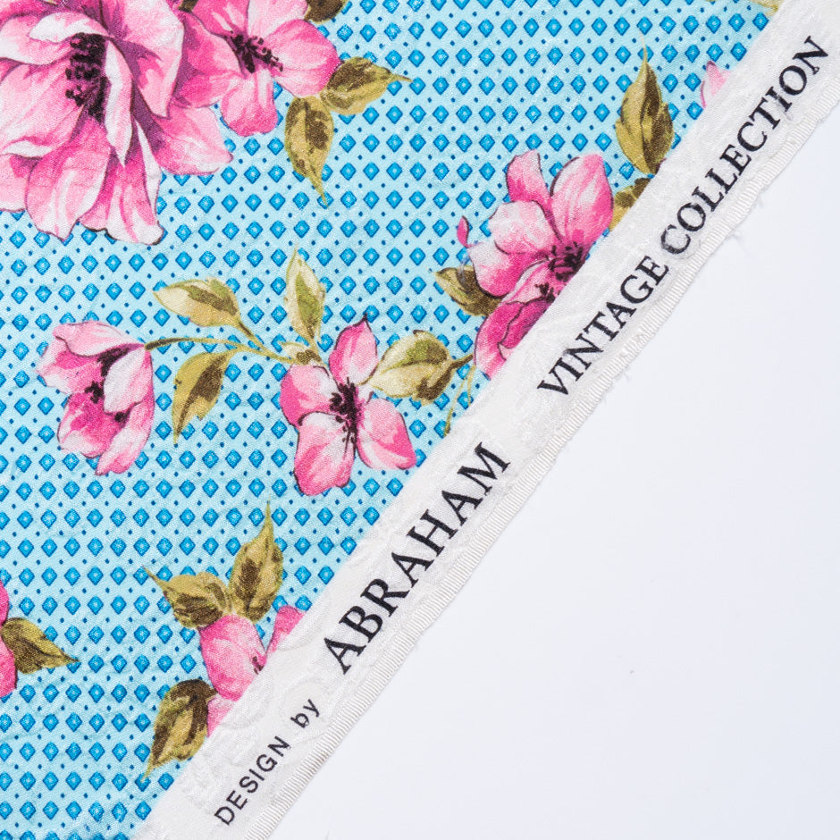 Pink Floral Printed Blue Silk Cloqué