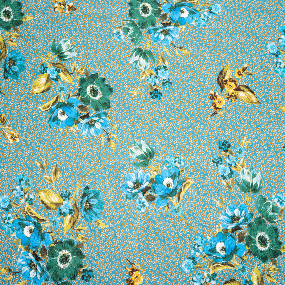 Blue Floral Printed Teal Blue Silk Cloqué
