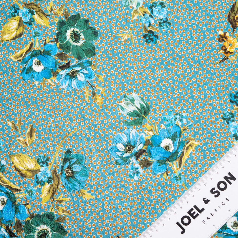 Blue Floral Printed Teal Blue Silk Cloqué