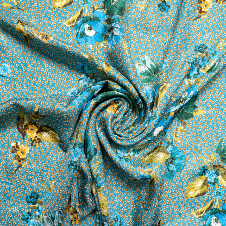 Blue Floral Printed Teal Blue Silk Cloqué