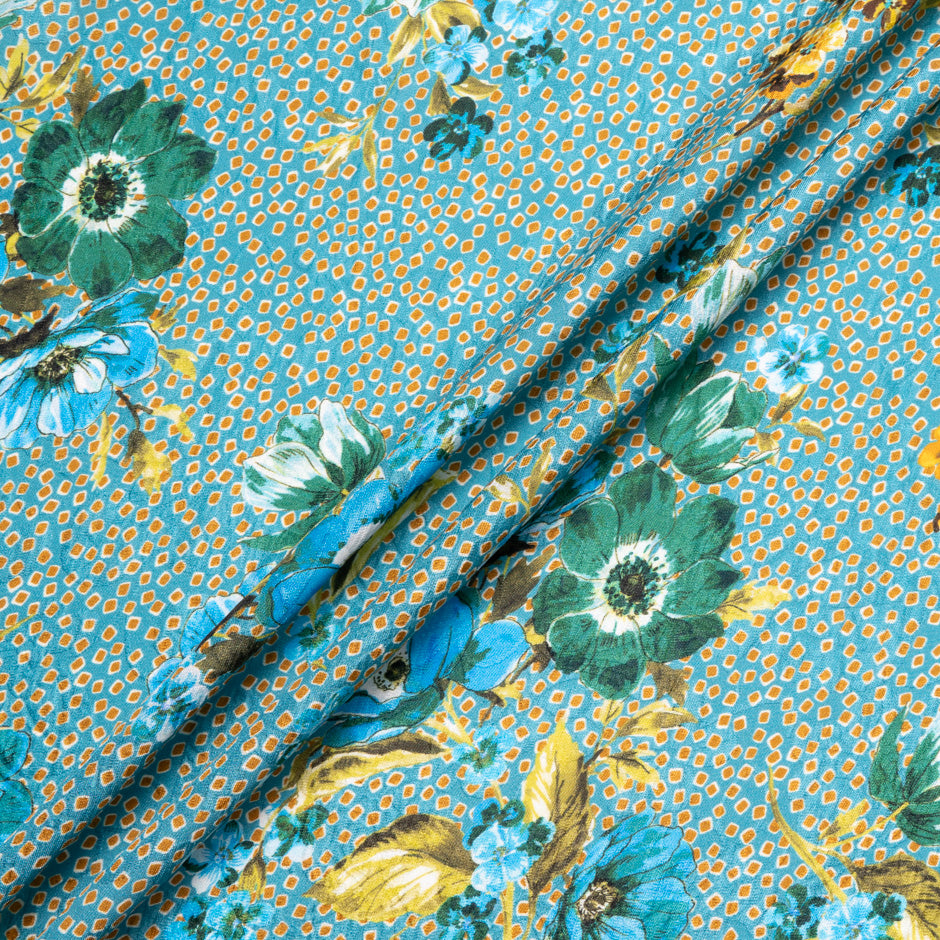 Blue Floral Printed Teal Blue Silk Cloqué