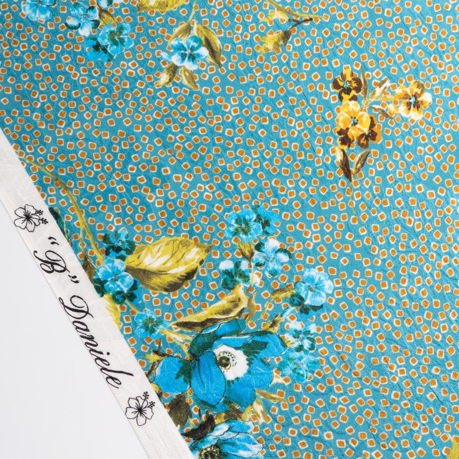 Blue Floral Printed Teal Blue Silk Cloqué