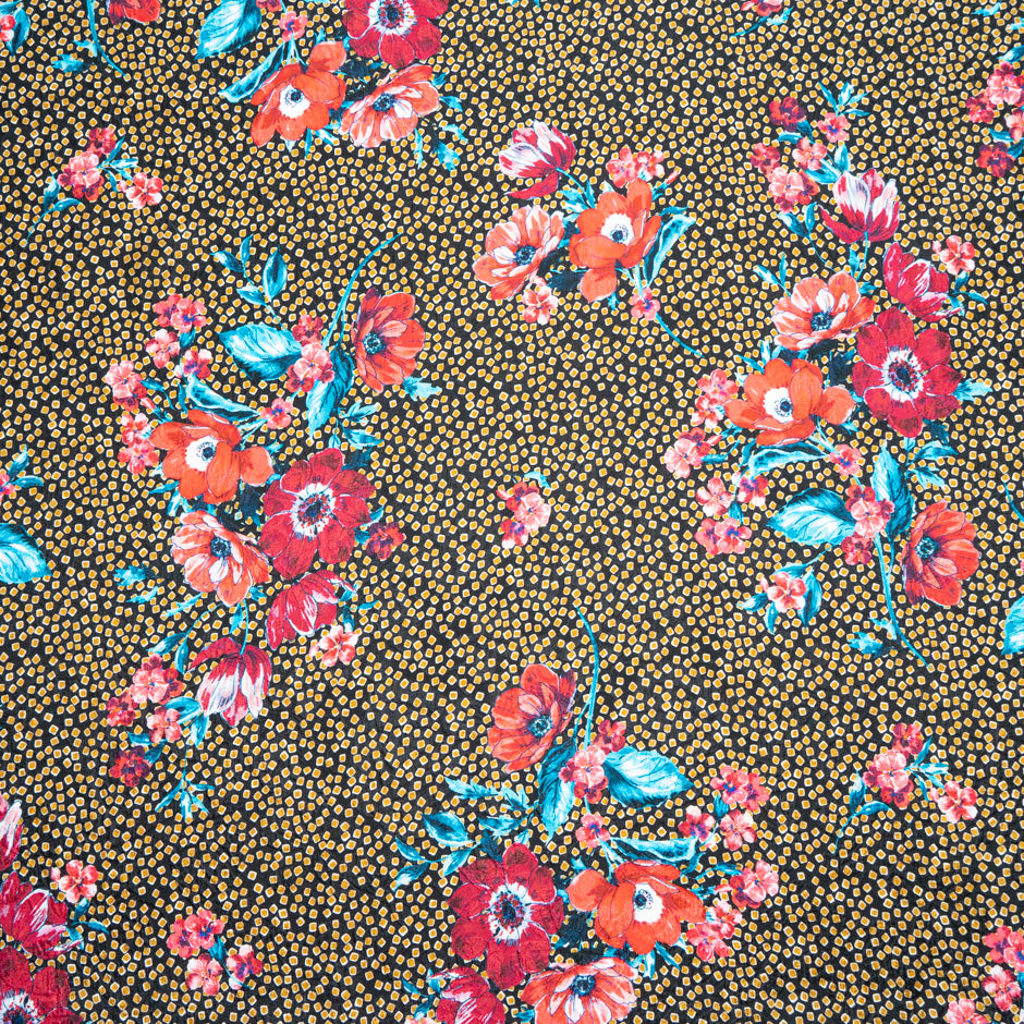 Red Floral Printed Midnight Blue Silk Cloqué