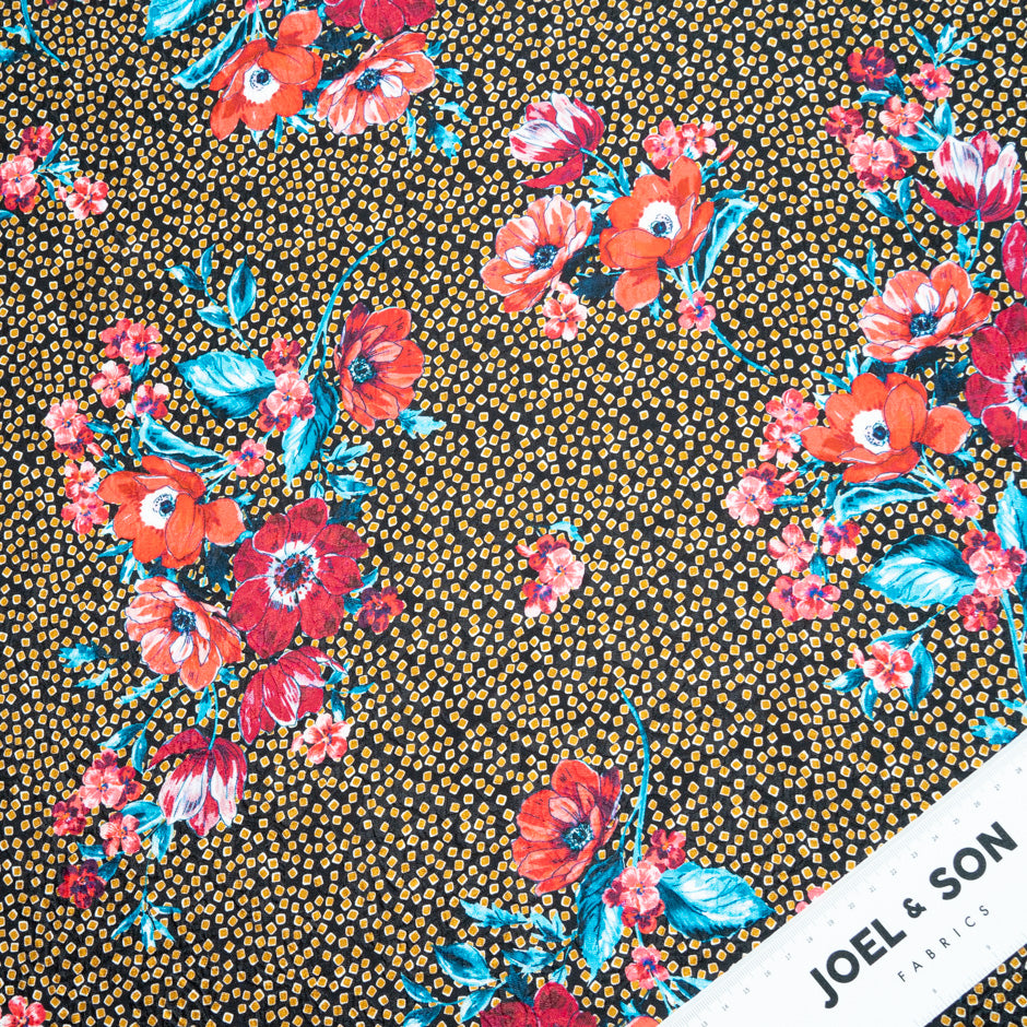 Red Floral Printed Midnight Blue Silk Cloqué