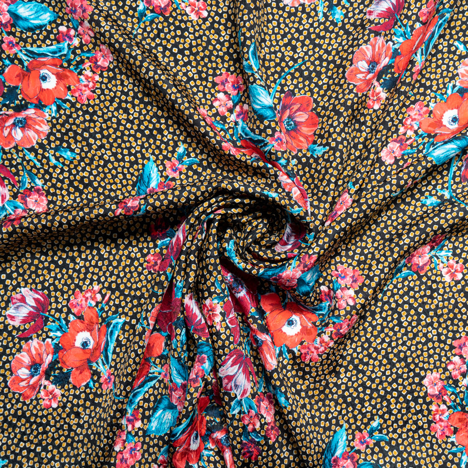 Red Floral Printed Midnight Blue Silk Cloqué