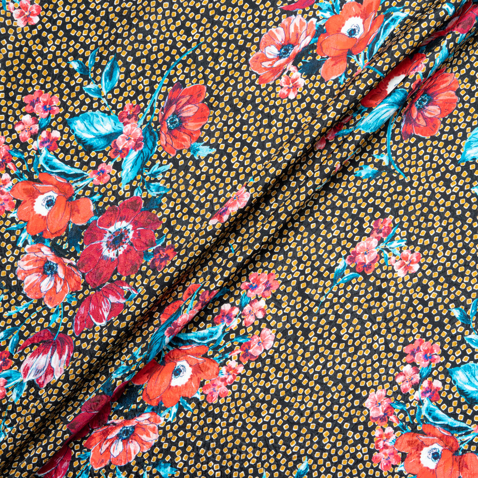 Red Floral Printed Midnight Blue Silk Cloqué