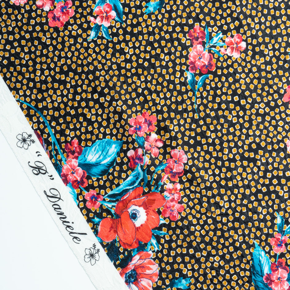 Red Floral Printed Midnight Blue Silk Cloqué