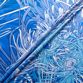 Blue 'Spray' Floral Printed Silk Satin