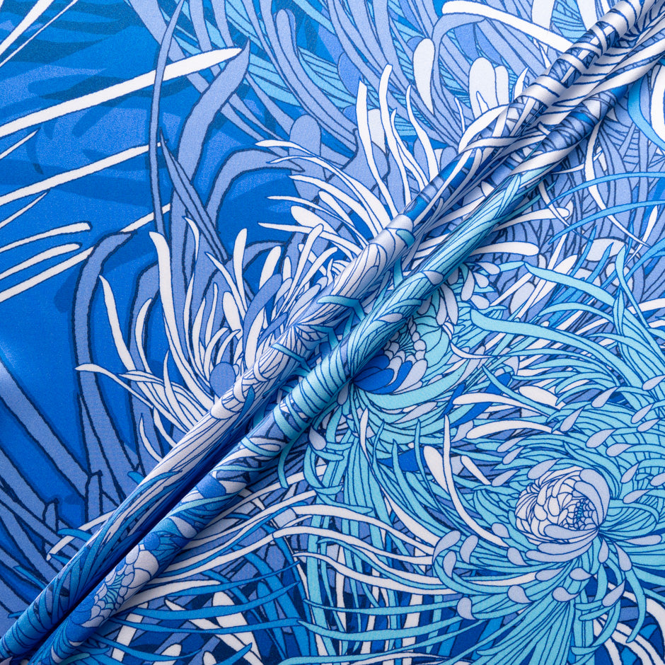 Blue 'Spray' Floral Printed Silk Satin