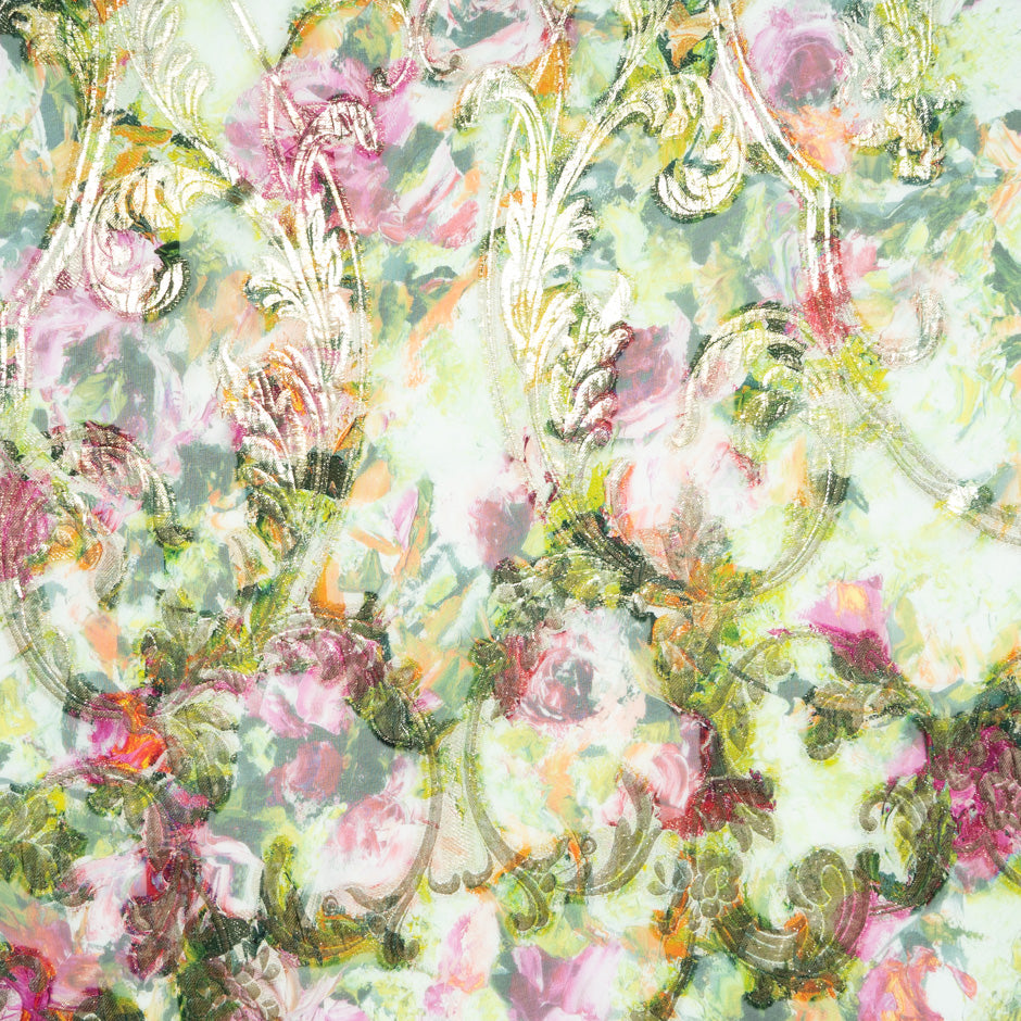 Fuchsia & Green Floral Metallic Silk Georgette