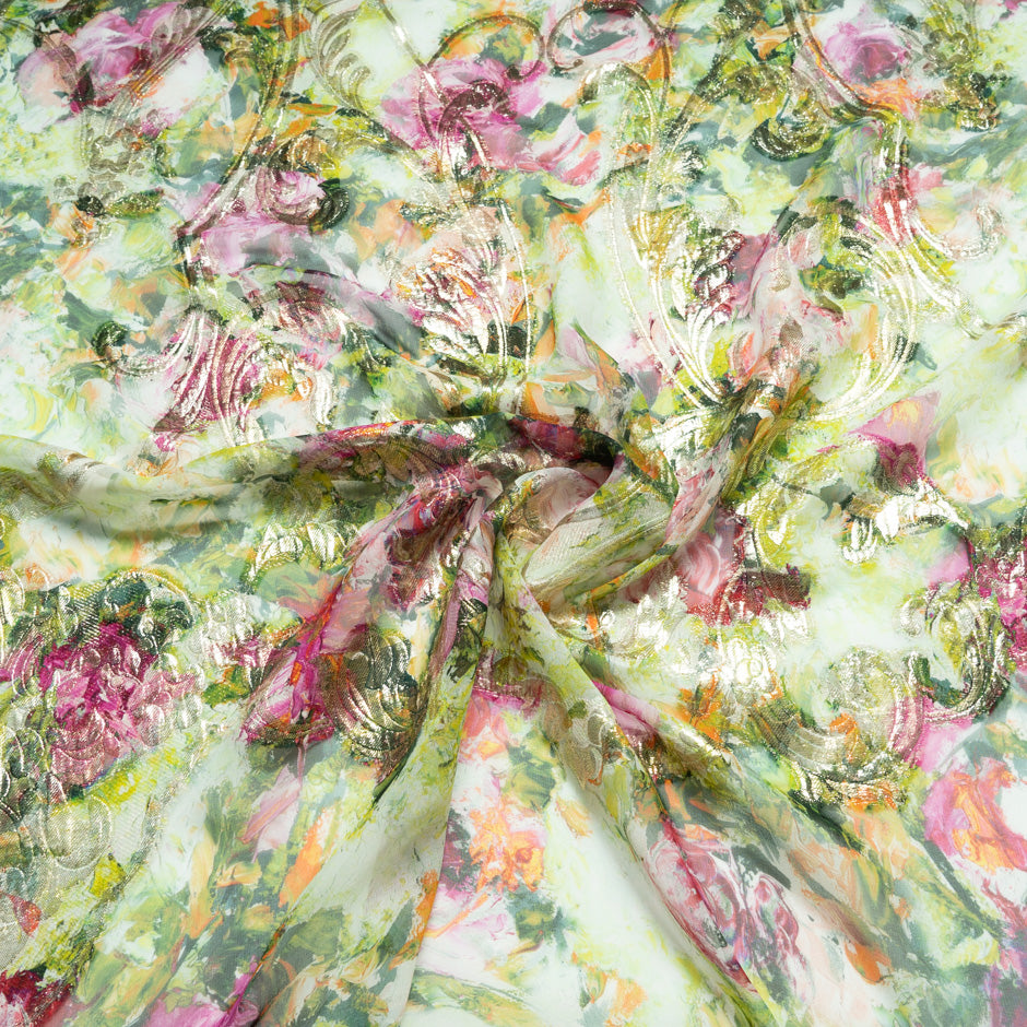 Fuchsia & Green Floral Metallic Silk Georgette