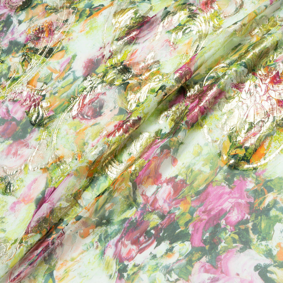 Fuchsia & Green Floral Metallic Silk Georgette