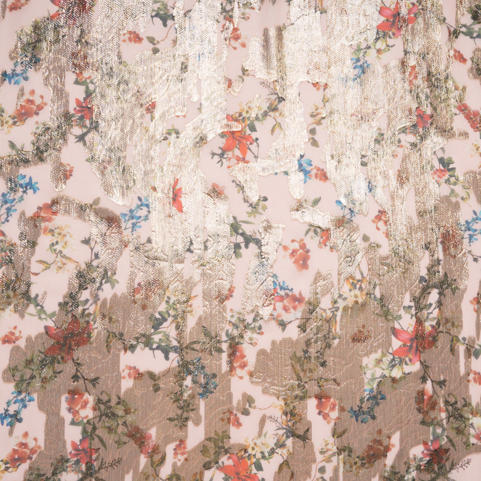 Petite Floral Printed Gold Metallic Jacquard Pink Georgette