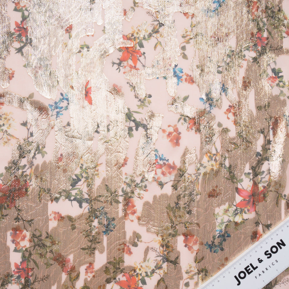 Petite Floral Printed Gold Metallic Jacquard Pink Georgette