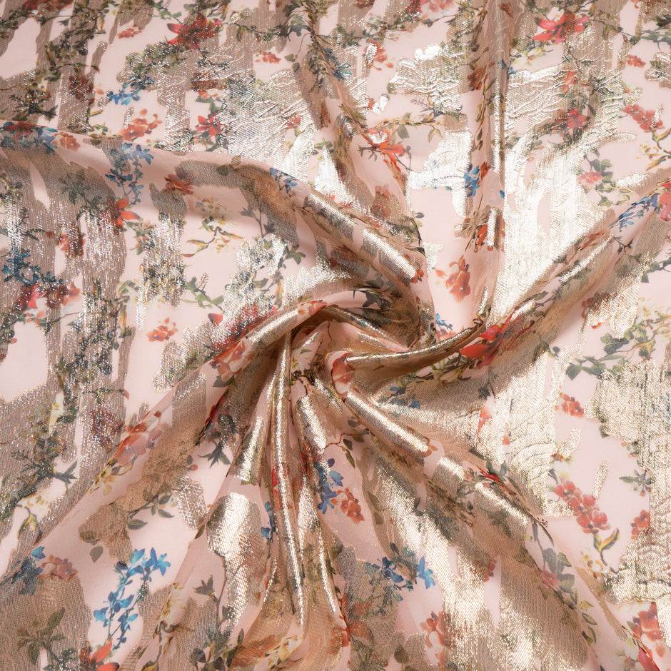 Petite Floral Printed Gold Metallic Jacquard Pink Georgette