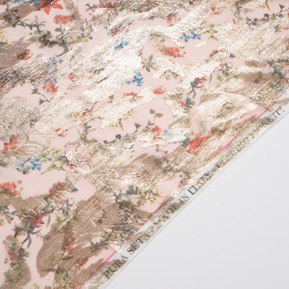 Petite Floral Printed Gold Metallic Jacquard Pink Georgette