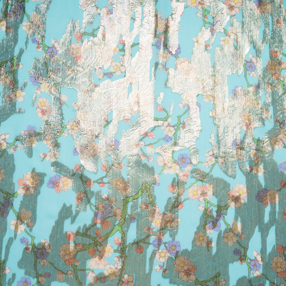 Petite Floral Printed Metallic Jacquard Blue Georgette