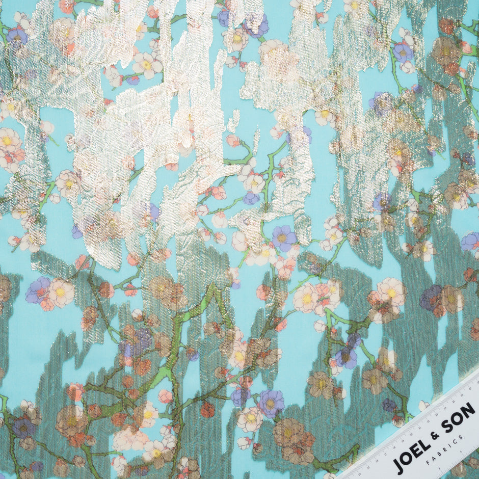 Petite Floral Printed Metallic Jacquard Blue Georgette