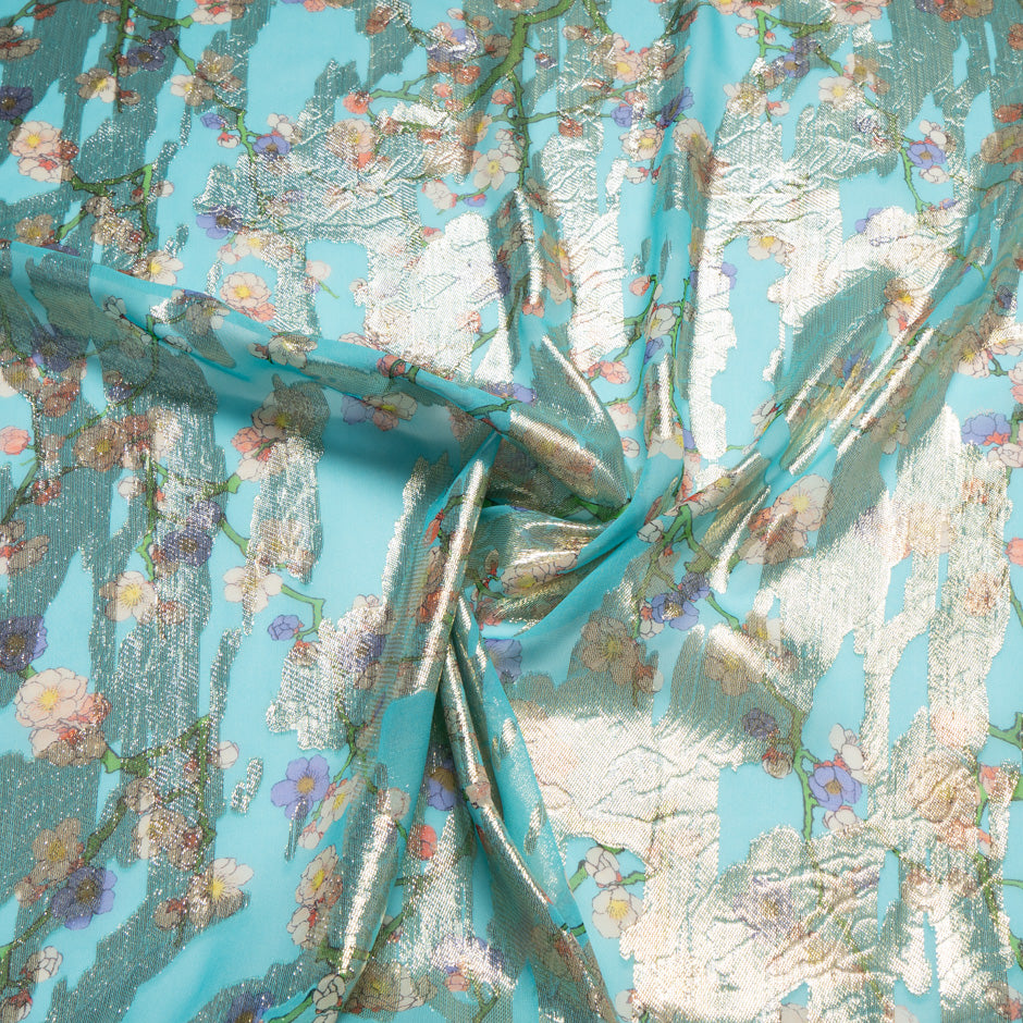 Petite Floral Printed Metallic Jacquard Blue Georgette