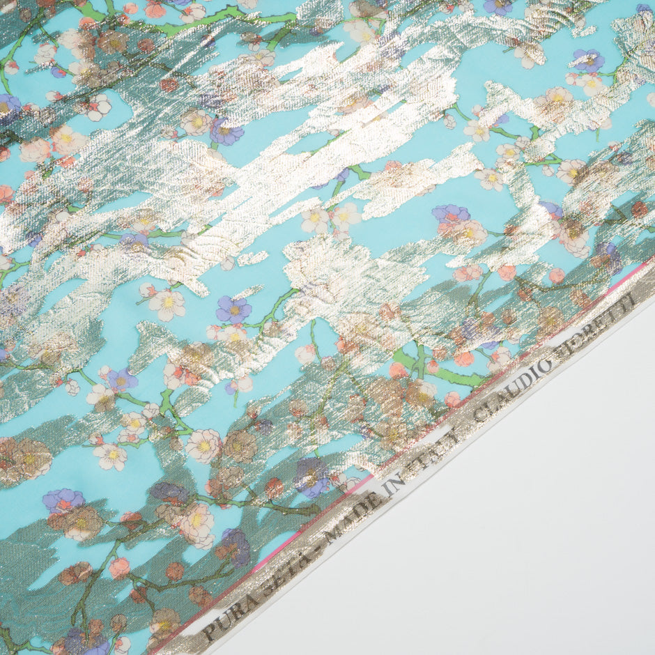 Petite Floral Printed Metallic Jacquard Blue Georgette