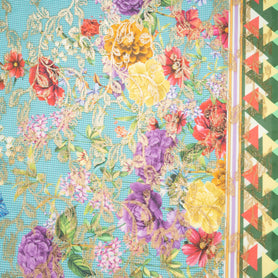Floral Printed Turquoise Cotton Blend Metallic Jacquard
