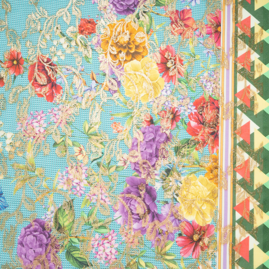 Floral Printed Turquoise Cotton Blend Metallic Jacquard