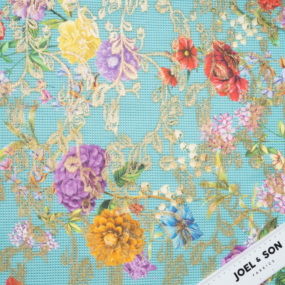 Floral Printed Turquoise Cotton Metallic Jacquard Voile
