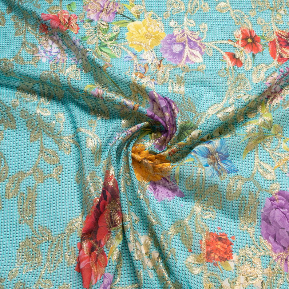 Floral Printed Turquoise Cotton Metallic Jacquard Voile
