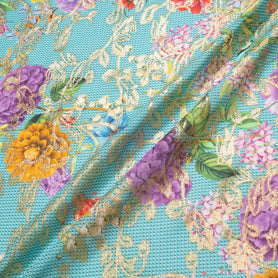 Floral Printed Turquoise Cotton Blend Metallic Jacquard