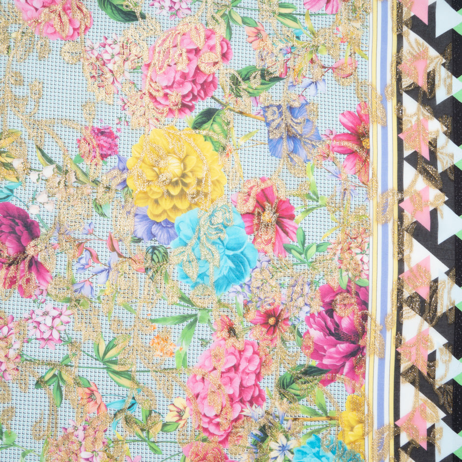 Floral Printed Blue Cotton Blend Metallic Jacquard