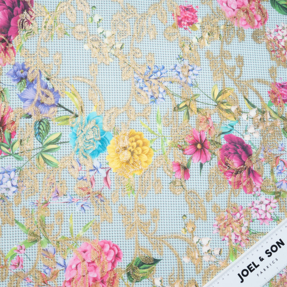 Floral Printed Blue Cotton Metallic Jacquard Voile
