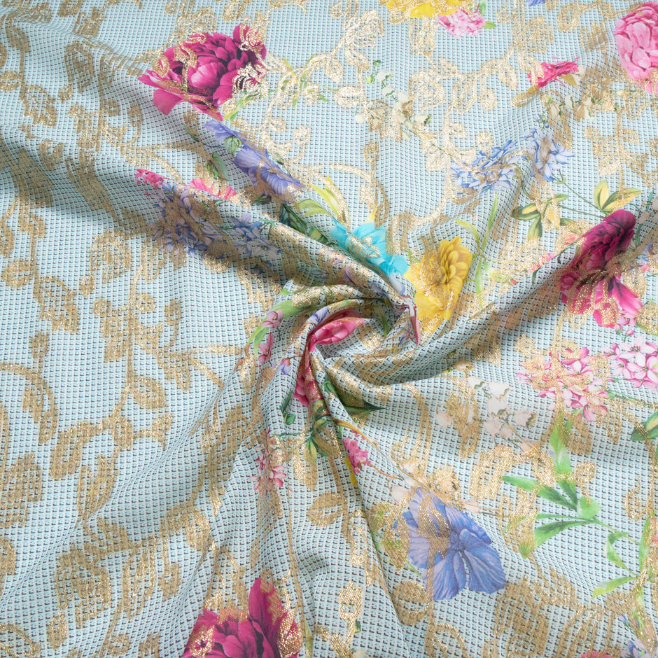 Floral Printed Blue Cotton Metallic Jacquard Voile