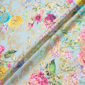 Floral Printed Blue Cotton Blend Metallic Jacquard