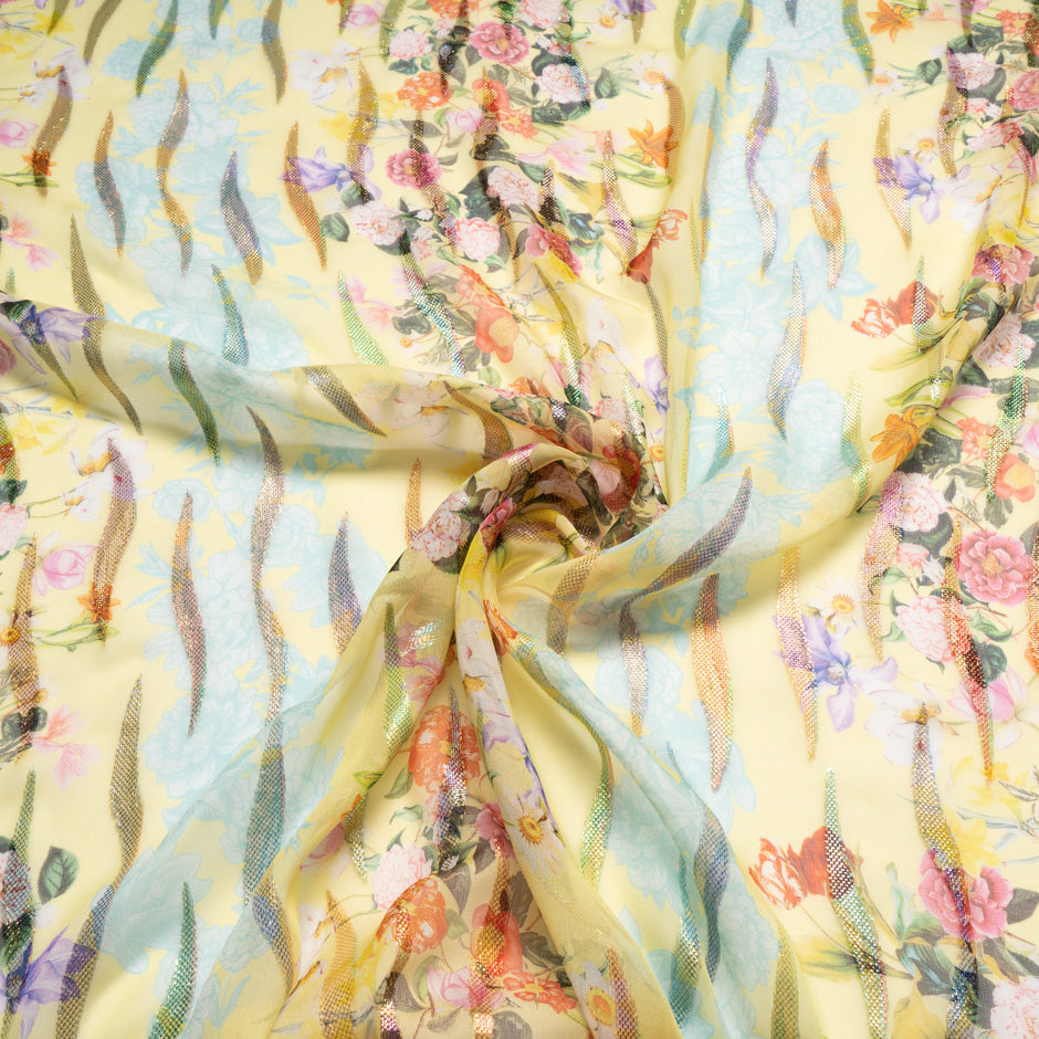 Floral Printed Yellow Metallic Silk Georgette