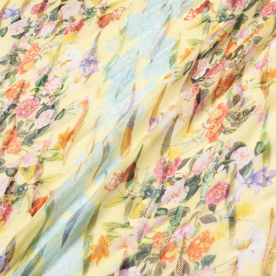 Floral Printed Yellow Metallic Silk Georgette